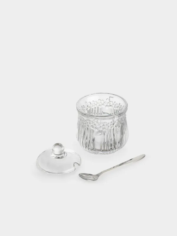 Сахарница, 11 см, 150 мл, с ложкой, стекло Р/металл, Цветы, Clear pattern, image-2