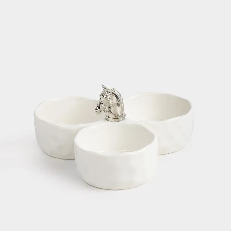 Менажница, с декором, 17 см, 3 отд, фарфор P/металл, молочная, Конь, Horse silver