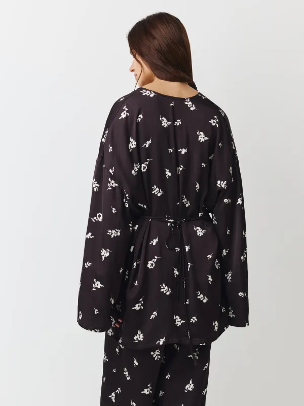 Кимоно женское, домашнее, р. S, вискоза, черно-белое, Цветы, Leyra, image-3