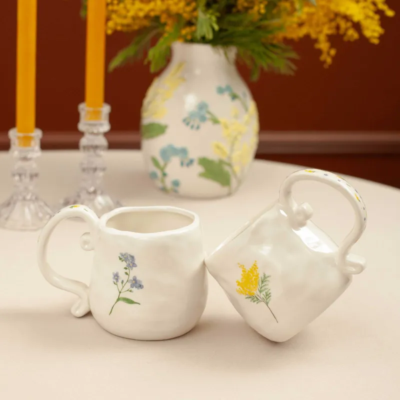 Кружка, 530 мл, керамика, молочная, Мимоза и незабудка, Crumple flower, image-6