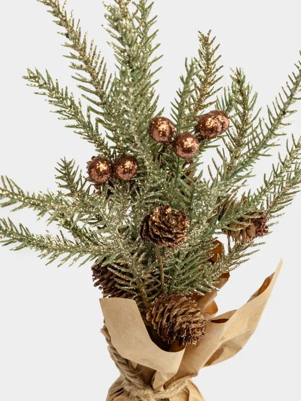 Композиция новогодняя, 30 см, в крафте, Хвоя, Conifer champagne, image-2