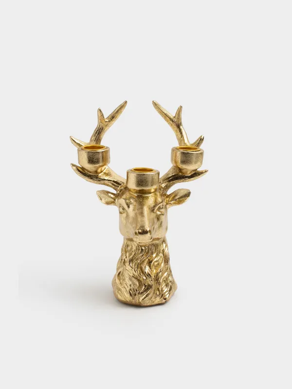 Подсвечник, 21 см, 3 тонкие свечи, полирезин, золотистый, Голова оленя, Deer gold, image-0