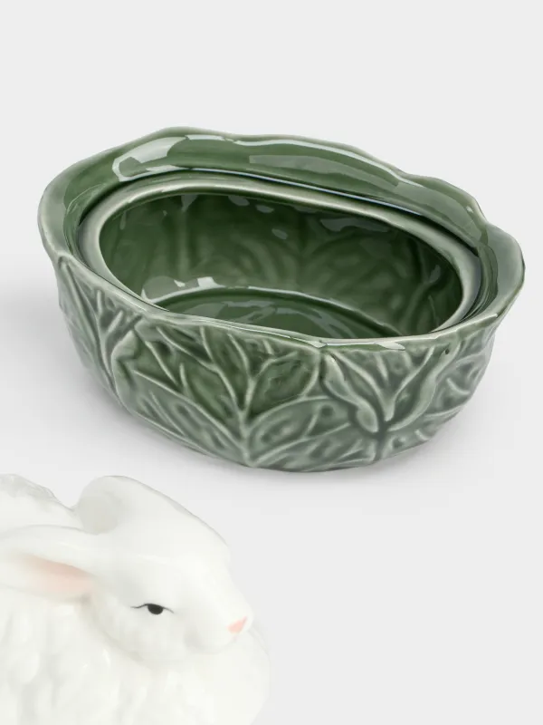 Емкость для хранения, 16х12 см, 410 мл, фарфор P, молочно-зеленая, Кролик в капусте, Cabbage, image-2
