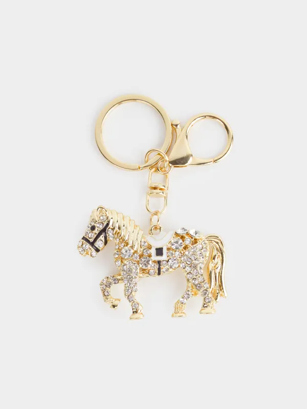Брелок, 12 см, металл/стразы/эмаль, золотистый, Лошадь, Keychain crystal, image-0
