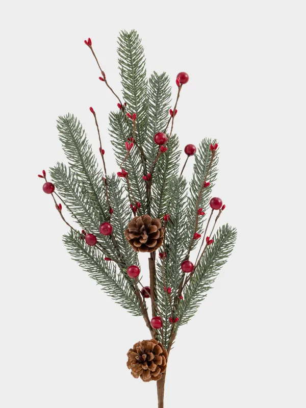 Ветка декоративная, 80 см, Красные ягоды и хвоя, Red berry, image-1