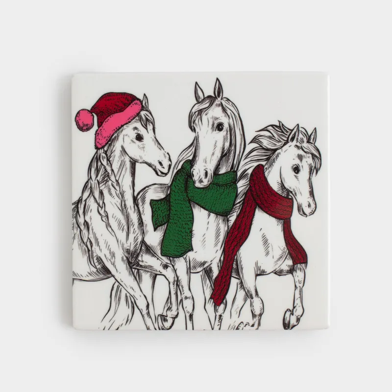 Подставка под кружку, 11х11 см, квадратная, керамика/пробка, Лошади в шарфах, Horse trio