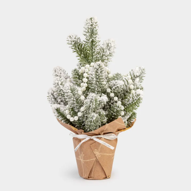 Ель искусственная, 30 см, в крафте, ПВХ, Ель в снегу с жемчугом, Snowy decor