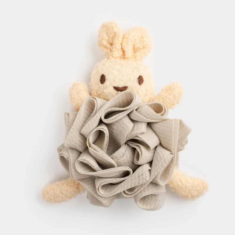 Мочалка для мытья тела, 17х14 см, детская, полиэтилен/полиэстер, бежевая, Зайчик, Rabbit