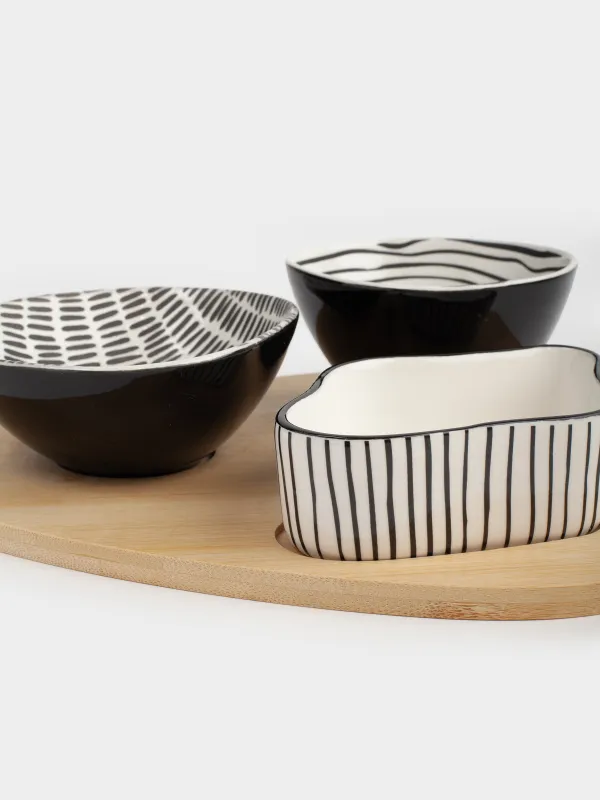 Набор для закусок, 3 пр, на подставке, керамика/дерево, черно-белый, Линии, Noble tree, image-1
