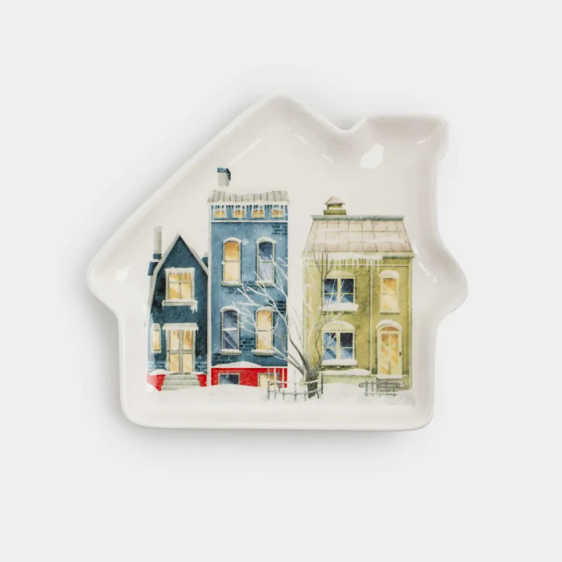 Блюдо, 20х18 см, керамика, белое, Дома в снегу, House built