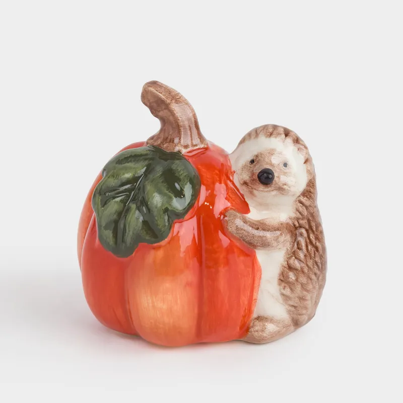 Емкость для соли или перца, 9 см, керамика, оранжевая, Еж с тыквой, Forest symphony