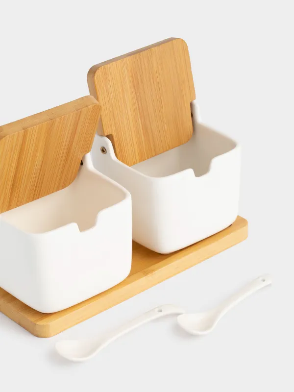Банка для сыпучих продуктов, 250 мл, 2 шт, с ложками, на подставке, керамика/бамбук, белая, Keep, image-2