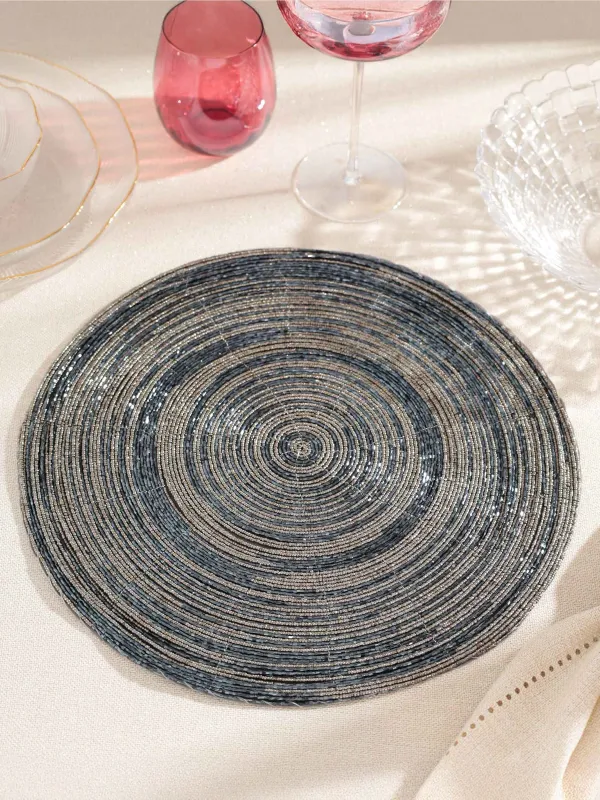 Салфетка под приборы, 36 см, бисер, круглая, серебристо-синяя, Спираль, Rotation beads, image-2