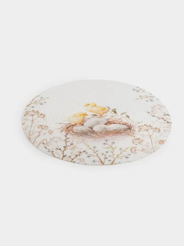 Салфетка под приборы, 38 см, полиэстер, круглая, белая, Цыплята в цветах, Rotary print, image-5