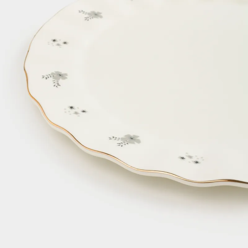 Тарелка обеденная, 27 см, фарфор P, молочная, с золотистым кантом, Серые цветы, Florals, image-4