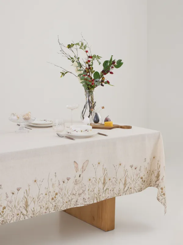 Скатерть, 170х250 см, полиэстер/лен, бежевая, Кролик в цветах, Bunny in flowers, image-6