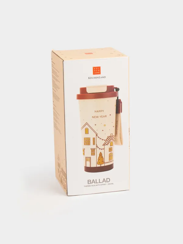 Термокружка, 500 мл, клапан/трубочка, с ремешком, сталь/пластик, бежево-красная, Ballad, image-6