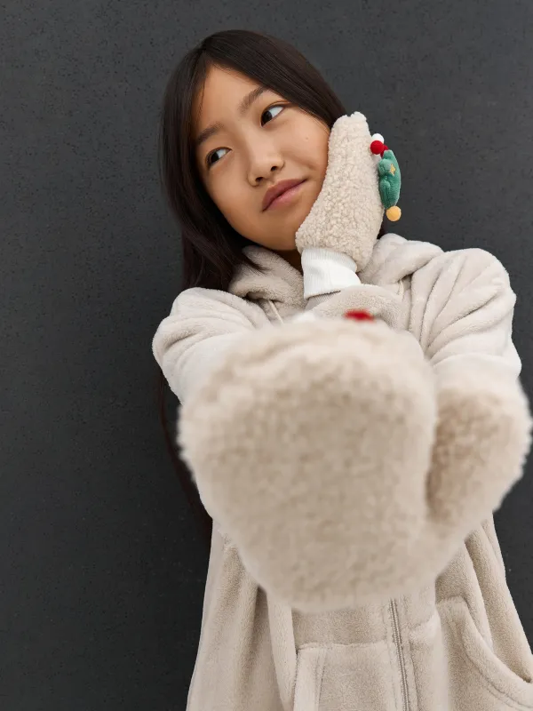 Варежки детские, единый размер, шерпа, бежевые, Елочки, Plush, image-6