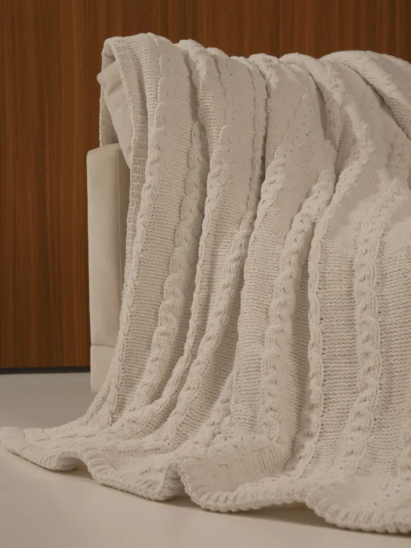 Плед, 130х170 см, вязаный, двусторонний, шенилл/шерпа, молочный, Knitting, image-1