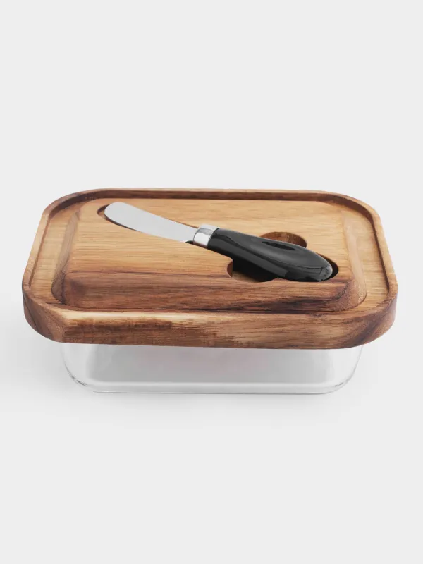 Масленка, 18 см, с ножом, стекло/дерево/сталь, прямоугольная, Noble tree, image-0