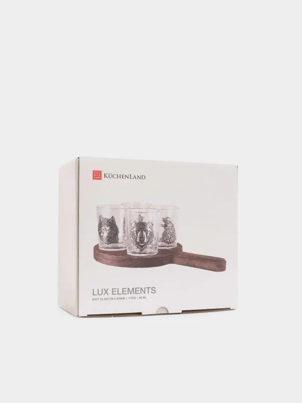 Стопка для водки, 80 мл, 4 шт, на подставке, стекло/металл/дерево, Орел и звери, Lux elements decor, image-5