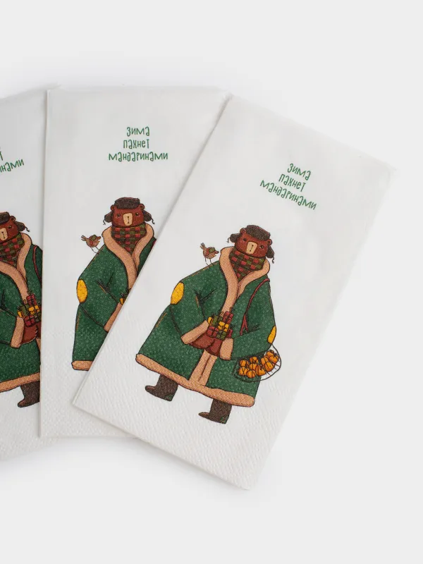 Салфетки бумажные, 33х33 см, 20 шт, прямоугольные, белые, Медведь в пальто, Bear, image-3