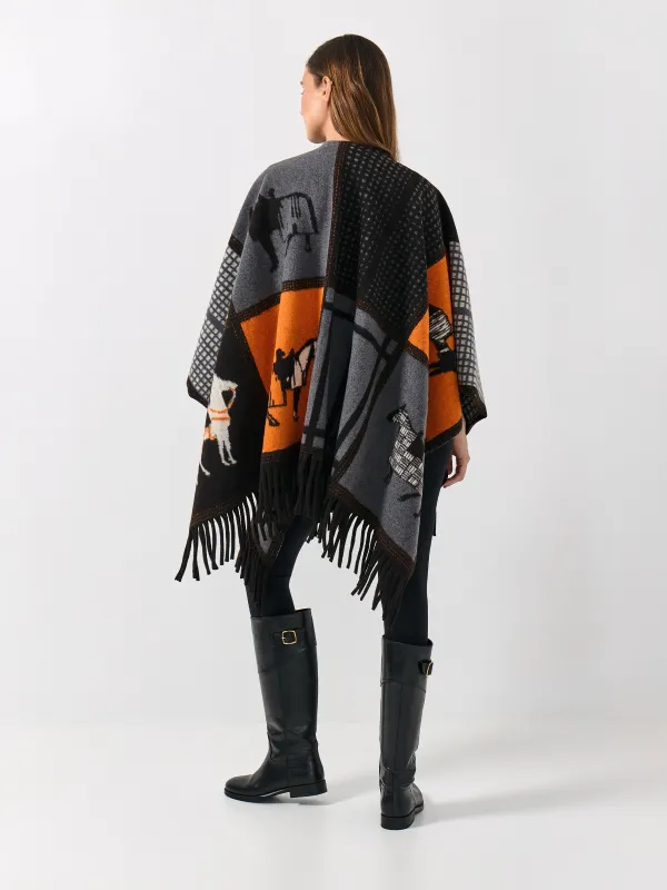 Пончо с бахромой, черно-оранжевое, Poncho, image-7