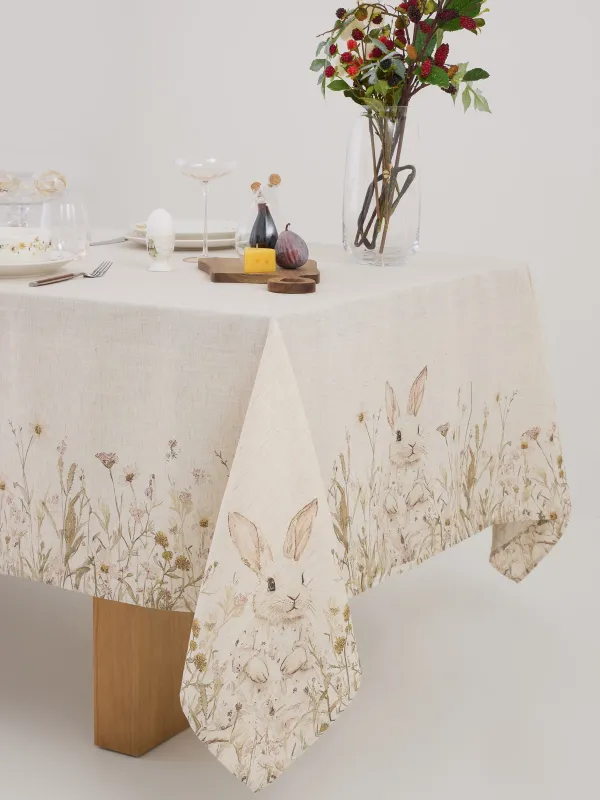 Скатерть, 170х250 см, полиэстер/лен, бежевая, Кролик в цветах, Bunny in flowers, image-4