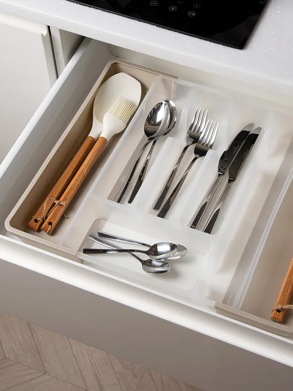 Лоток для столовых приборов, 37х27 см, 7 отд, раздвижной, пластик, бело-серый, Keeping, image-5