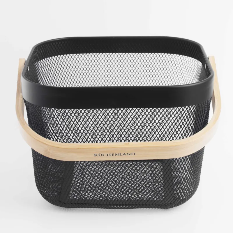 Корзина для хранения, 24х24х18 см, с ручкой, металл/бамбук, квадратная, черная, Gardening, image-1