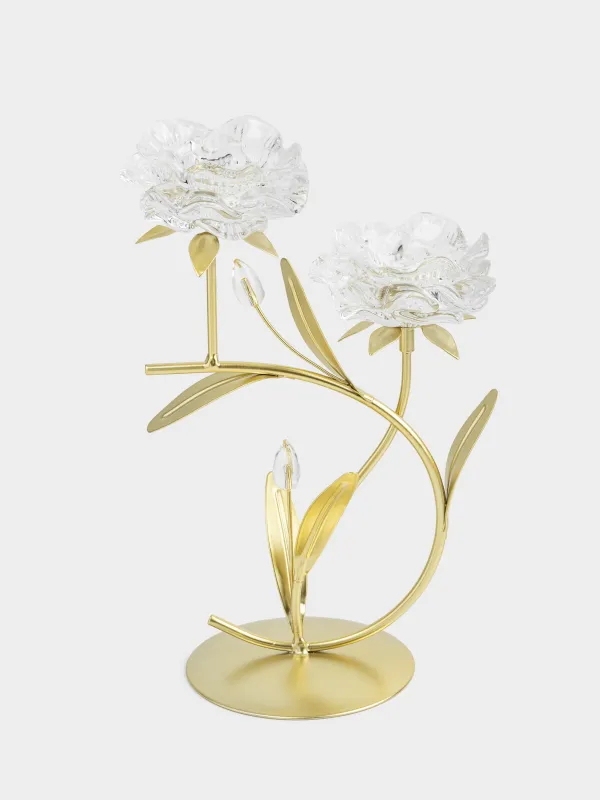 Подсвечник, 30 см, 2 чайные свечи, стекло/металл, золотистый, Цветы, Fantastic flowers, image-0