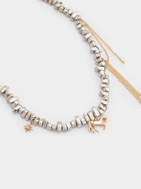 Колье, 46 см, с подвесками, металл, серебристо-золотистое, Лошадь, Jewelry horse, image-1