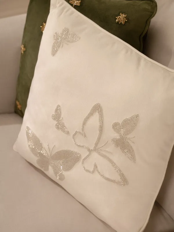 Подушка декоративная, 45х45 см, вельвет/бисер, молочная, Бабочки, Bugs, image-3