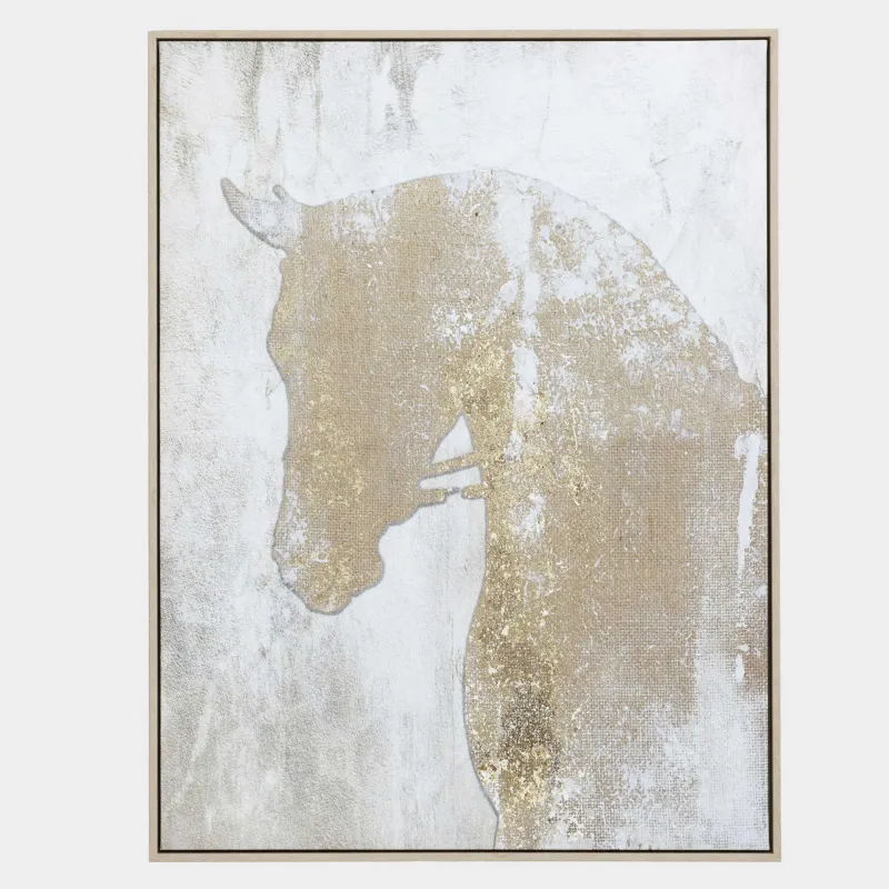 Картина в раме, 78х103 см, холст, золотисто-белая, Лошадь, Minimalist