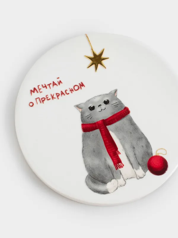 Подставка под кружку, 11 см, круглая, керамика/пробка, белая, Кот с клубком, Winter friends, image-3