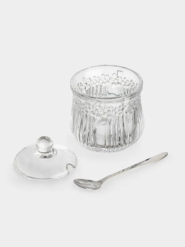 Сахарница, 11 см, 150 мл, с ложкой, стекло Р/металл, Цветы, Clear pattern, image-2