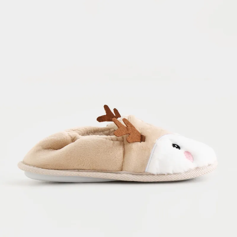 Тапочки детские, домашние, флис, бежево-белые, Олени, Generous