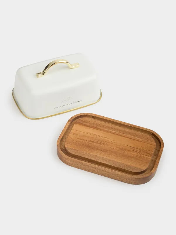 Масленка, 17 см, дерево/металл, прямоугольная, молочно-золотистая, Autograph, image-2