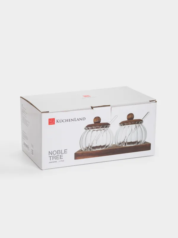 Вазочка для джема, 19x10 см, 2 шт, с ложкой, на подставке, стекло/дерево, Noble tree, image-5