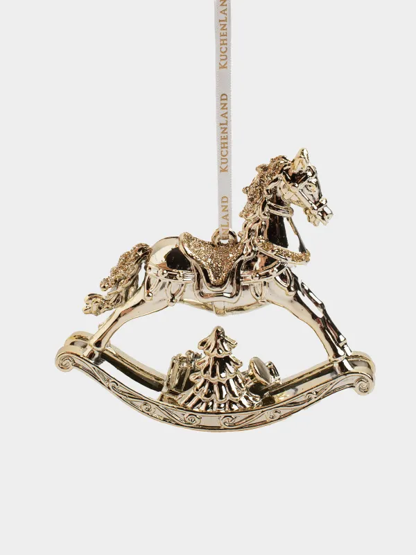 Игрушка елочная, 12x10 см, пластик, с блестками, шампань, Лошадка-качалка, Figure sparkle, image-0