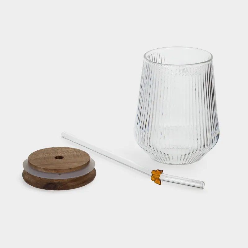 Банка для напитков, 440 мл, с крышкой и трубочкой, стекло Б/дерево, Янтарная бабочка, Ribby wood, image-1