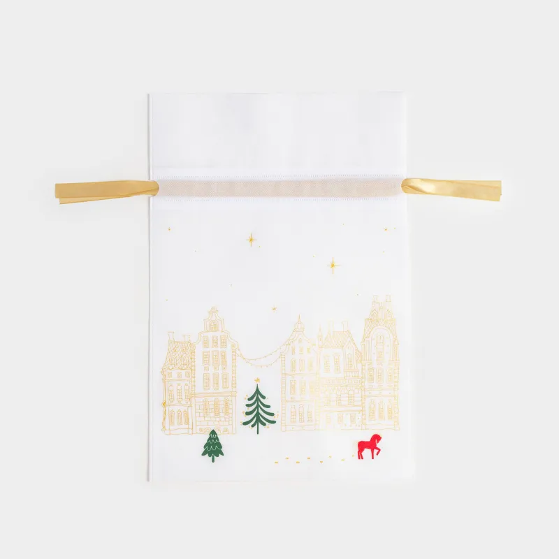 Мешок подарочный, 30х45 см, с завязками, полипропилен, белый, Домики и лошадь, Snow sparks