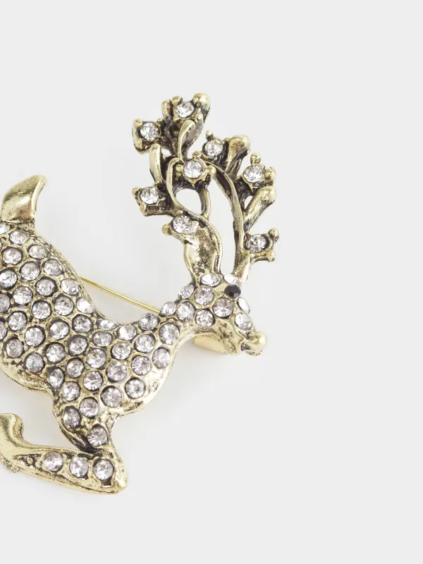 Брошь, 5 см, металл/стразы, бронзовая, Олень, Jewelry crystal, image-1