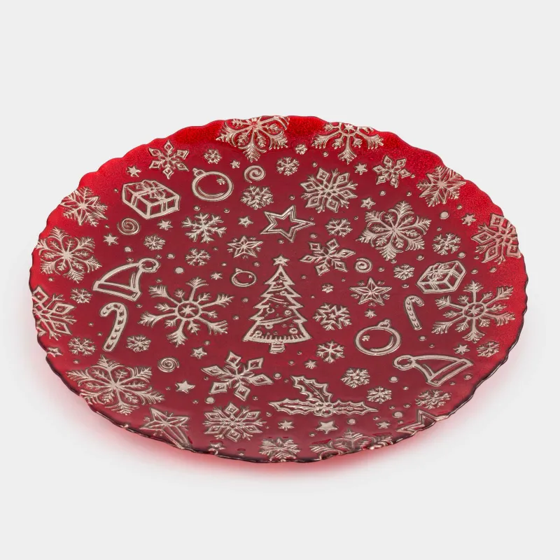 Блюдо, 33 см, стекло, красное, Снежинки, Brumal, image-2