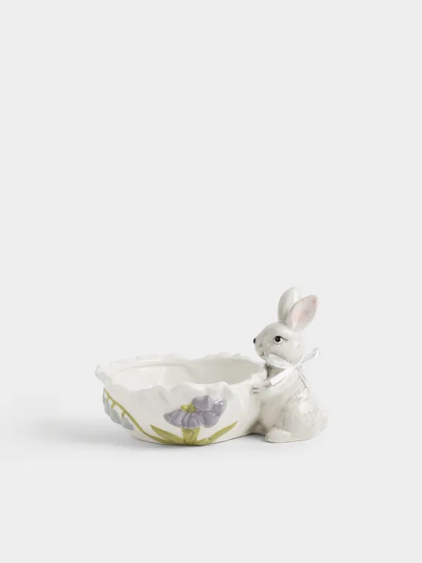 Конфетница, 20х13 см, керамика D, молочно-серая, Кролик с цветами, Easter, image-0