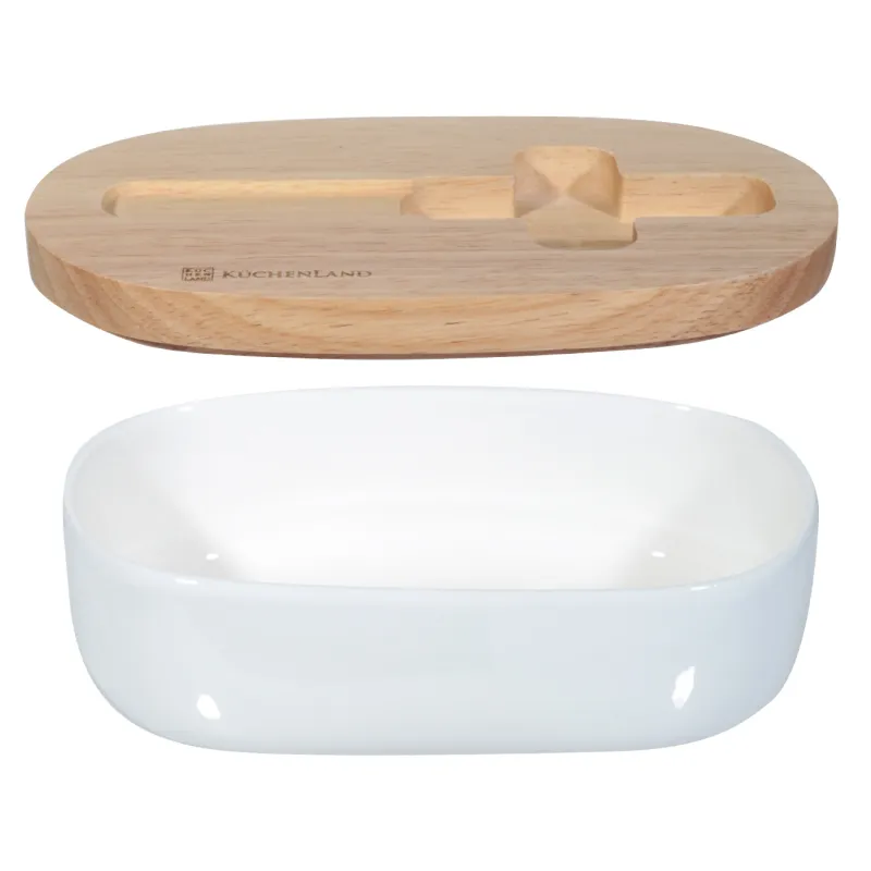 Масленка, 15 см, с ножом, фарфор N/дерево, овальная, Light kitchen, image-1