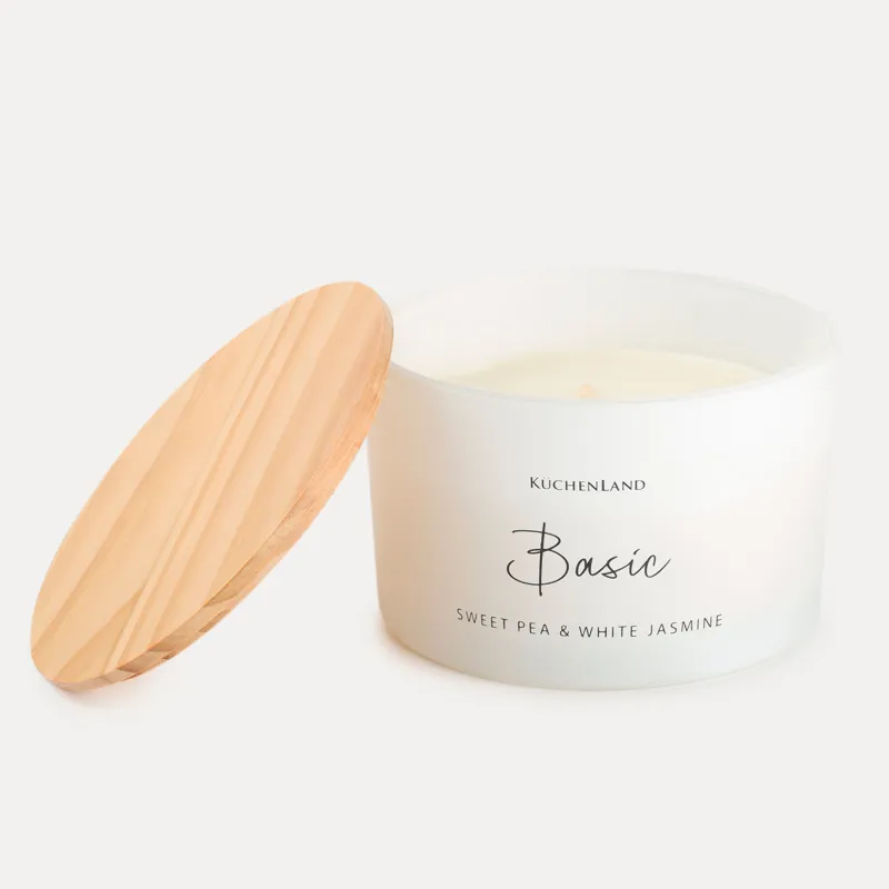 Свеча ароматическая, 13 см, три фитиля, в подсвечнике, с крышкой, стекло, Sweet Pea&White Jasmine, Basic