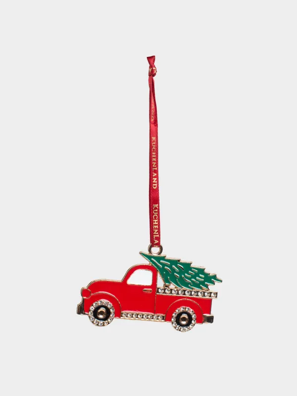 Игрушка елочная, 8 см, металл/стразы, зелено-красная, Пикап с елкой, Figure christmas, image-2