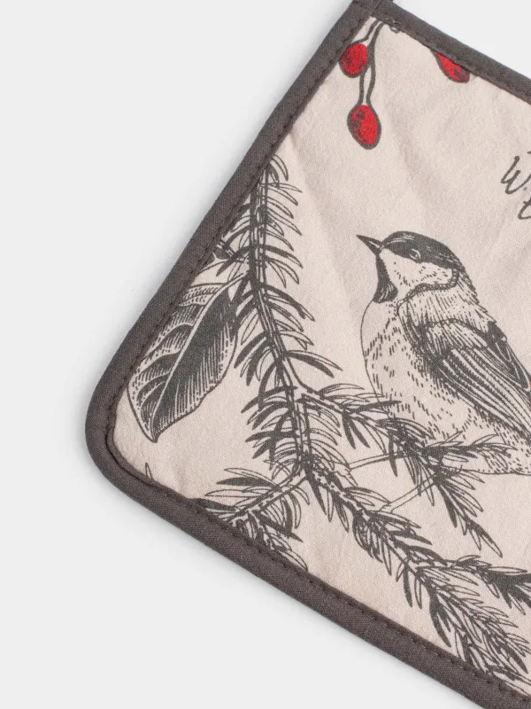 Прихватка, 20x20 см, хлопок, квадратная, серо-бежевая, Снегирь на ветке, Bullfinchs, image-1