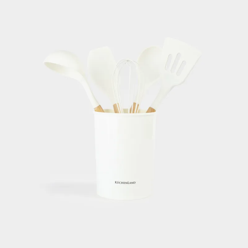 Набор кухонных принадлежностей, 5 пр, в подставке, дерево/силикон, молочный, Weekend